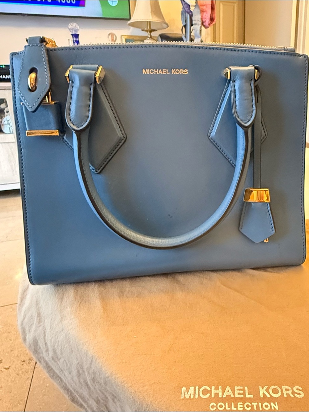 Michael Kors Collection Steel Blue Leather Satchel with Gold-Tone Hardware